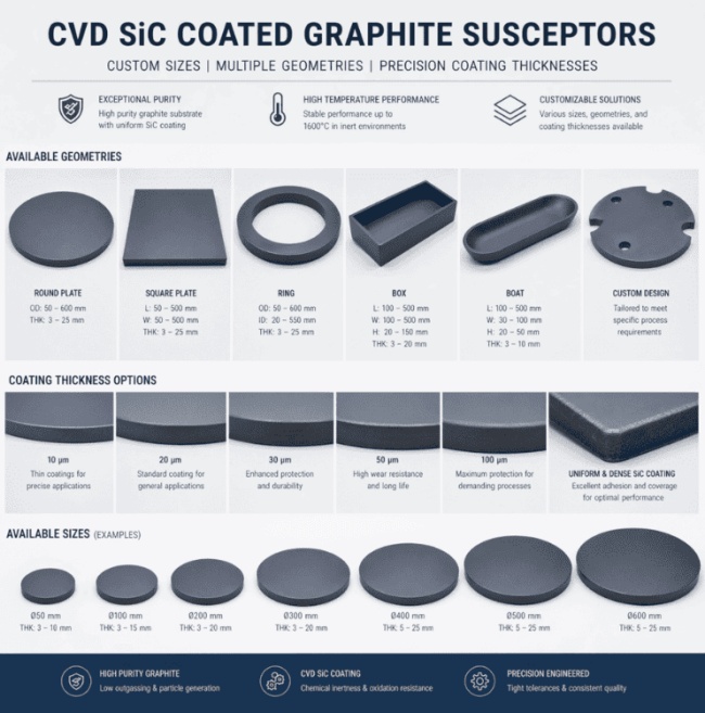 Графітові сусцептори з покриттям CVD SiC, індивідуальні розміри, різні геометрії, прецизійна товщина покриття